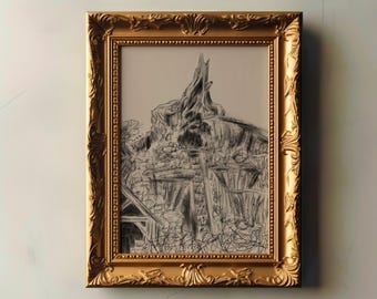 Pode incluir: Um desenho a preto e branco de uma cordilheira numa moldura dourada. O desenho é feito num estilo de esboço e parece ser uma paisagem.