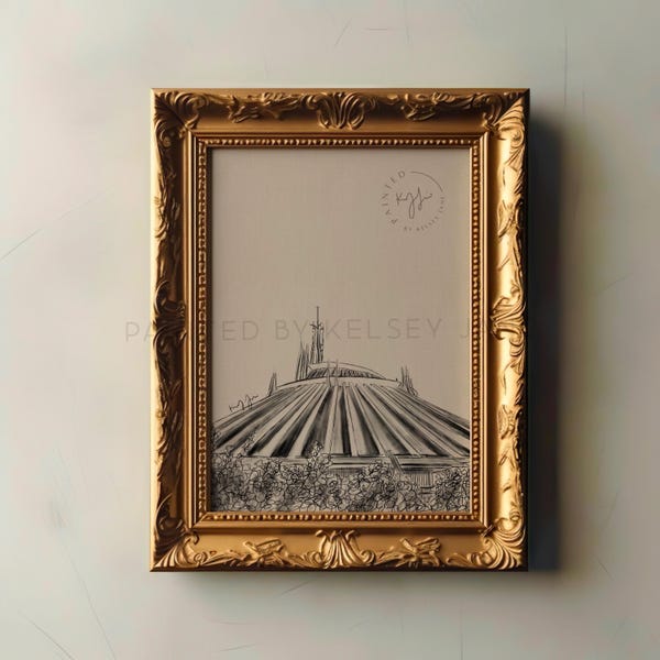 Vintage Space Mountain Ride Sketch Print | Disneyland Art | Chic Disney Inspired Illustration | Traditional Charcoal | Disney Lover Painting