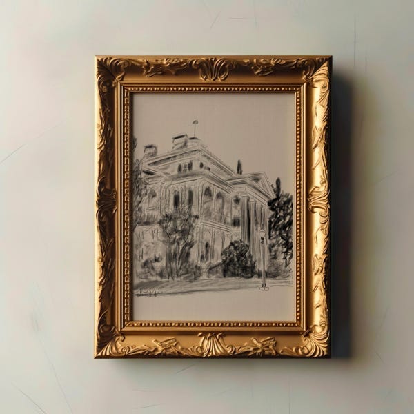 Vintage Haunted Mansion Ride Sketch Print | Disneyland Art | Chic Disney Illustration | Traditional Charcoal Disney Lover Painting