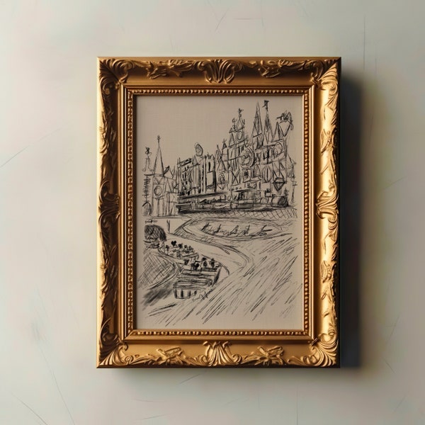 Vintage It's a Small World Sketch Print | Disneyland Art | Chic Disney Illustration | Traditional Charcoal Disney Lover Painting