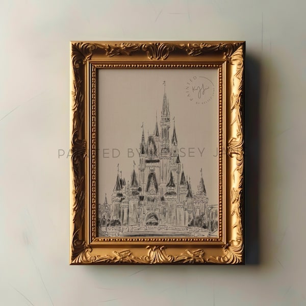 Vintage Disneyworld Castle Sketch Print | Disneyworld Art | Chic Disney Inspired Illustration | Traditional Charcoal | Disney Lover Painting