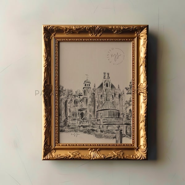Vintage Haunted Mansion Ride Sketch Print | Disneyworld Art | Chic Disney Inspired Illustration | Traditional Charcoal | Disney Painting