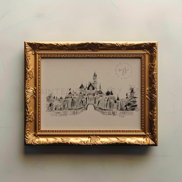 Vintage Disneyland Castle Sketch Print | Disneyland Art | Chic Disney Inspired Illustration | Traditional Charcoal Disney Lover Painting