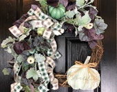 Floral Grapevine Wreath for Fall or Thanksgiving with Purple and Green Tones