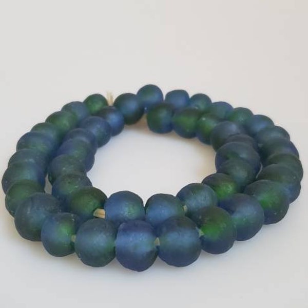 Two Tone of Blue and Green (44pcs/String)  Sea Glass Beads, 12-13mm  African Recycled Glass Beads