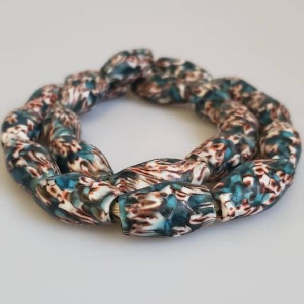 Aqua Blue, Brown and White (22pcs/String) Bicone Glass Tube Beads, 26-32mm African Recycled Glass Beads