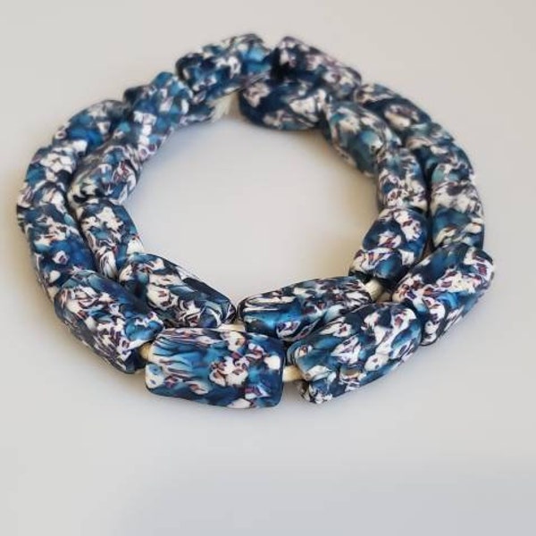 Blue, White and Red (22pcs/String) Oblong Glass  Tube Beads,  25-28mm African Recycled Glass Beads