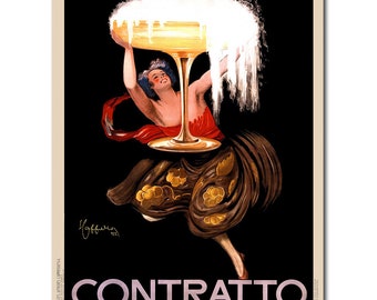 May include: A vintage poster advertising Contratto, a sparkling wine. A woman in a red dress holds a large glass of champagne, which is overflowing with bubbles. The poster is set against a black background.