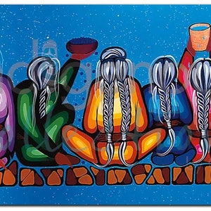 May include: A colorful painting of seven women sitting in a row, facing away from the viewer. They are all wearing colorful clothing and have long, braided hair. The background is a blue sky with white stars.
