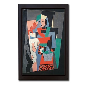 May include: Abstract cubist painting of a woman with a basket, featuring geometric shapes and bold colors like red, green, blue, and black.