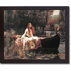 May include: A framed print of a painting depicting a woman with long red hair in a boat on a lake. She wears a white dress and sits on a decorative cloth. The boat is black, and the background shows trees and water.