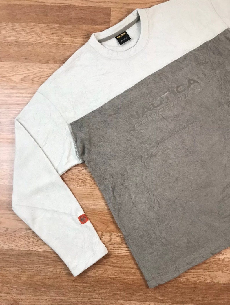 VINTAGE NAUTICA COMPETITION Fleece Sweater Large l pullover crewneck sweatshirt vtg 90s 1990s beige tan yacht club spell out big logo