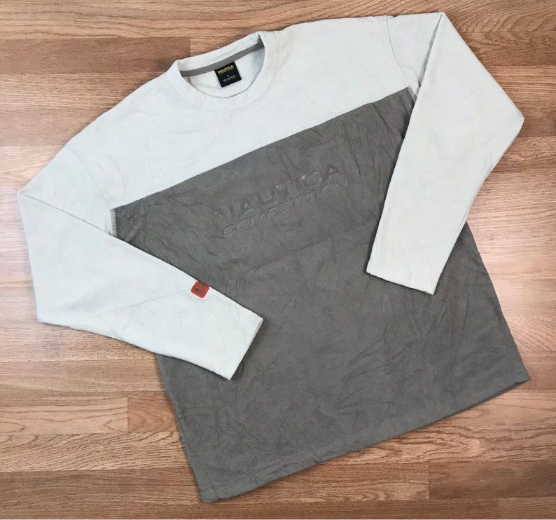 VINTAGE NAUTICA COMPETITION Fleece Sweater Large l pullover crewneck sweatshirt vtg 90s 1990s beige tan yacht club spell out big logo