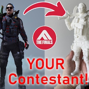 May include: A side-by-side comparison showing a digital character from The Finals on the left and a white 3D-printed figurine of the same character on the right. The character wears tactical gear, sunglasses, and carries a rifle over the shoulder.