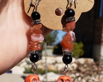 Red Agate & Obsidian Skull Earrings