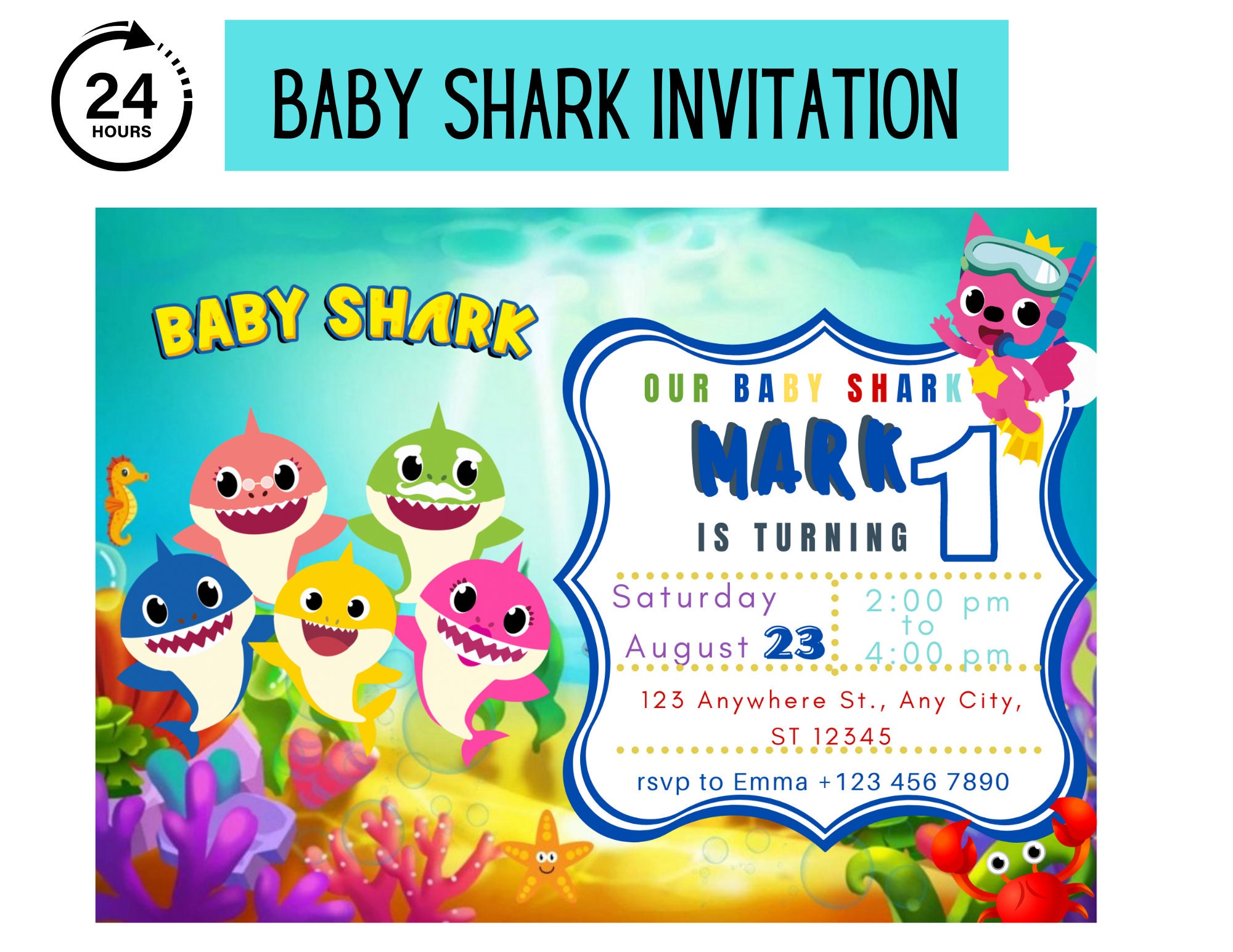 Baby Shark Birthday Invitation Digital Download Baby Shark Etsy UK