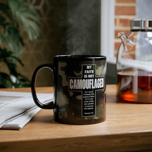 Camo Black Mug, Coffee Cup, Romans 1:16 Bible Verse Mug, 11oz 15oz, Christian Gift, Religious Mug