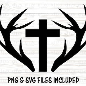 Könnte beinhalten: Schwarze Silhouette eines Kreuzes mit zwei Geweihstangen auf jeder Seite des Kreuzes. Der Text "PNG & SVG FILES INCLUDED" befindet sich unter dem Bild.