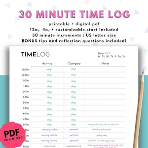 Half Hour Daily Time Log/Time Tracker for Improving Time Management + Productivity, 30 Minute Intervals, Digital + Printable PDF