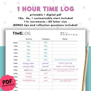 Hourly Daily Time Log/Time Tracker for Improving Time Management and Productivity, 1 hour intervals, Digital + Printable PDF, Letter Size