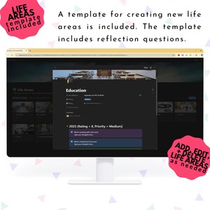 May include: A computer monitor shows a webpage with the words "Life Areas" and "Education." The screen includes a template for creating new life areas with reflection questions. Pink text bubbles say "LIFE AREAS template included" and "ADD, EDIT, + DELETE LIFE AREAS as needed."