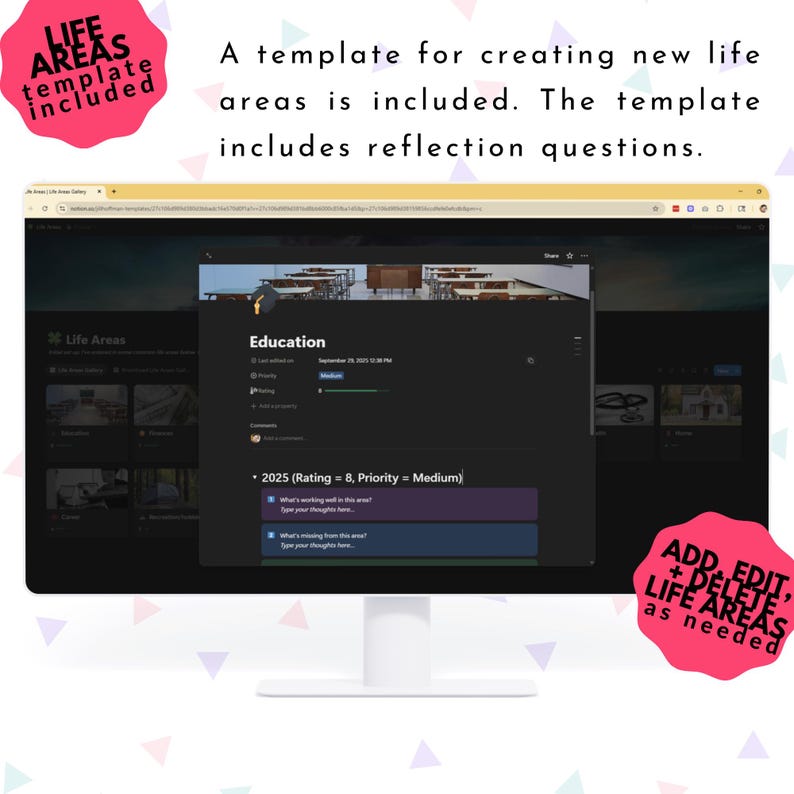 May include: A computer monitor shows a webpage with the words "Life Areas" and "Education." The screen includes a template for creating new life areas with reflection questions. Pink text bubbles say "LIFE AREAS template included" and "ADD, EDIT, + DELETE LIFE AREAS as needed."