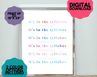 Arte de pared imprimible "Está en el programa de estudios", decoración divertida para la oficina del profesor (descarga digital)