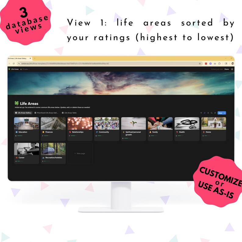 May include: A computer monitor shows a webpage titled "Life Areas" with categories such as Education, Finances, and Relationships. The screen displays a view sorted by ratings, with the text "Customize or Use As-Is."