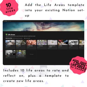 May include: A digital Notion template with 10 life areas for reflection and rating. The template includes sections for education, finances, relationships, and more. Text on the image reads "Add the Life Areas template into your existing Notion set-up."