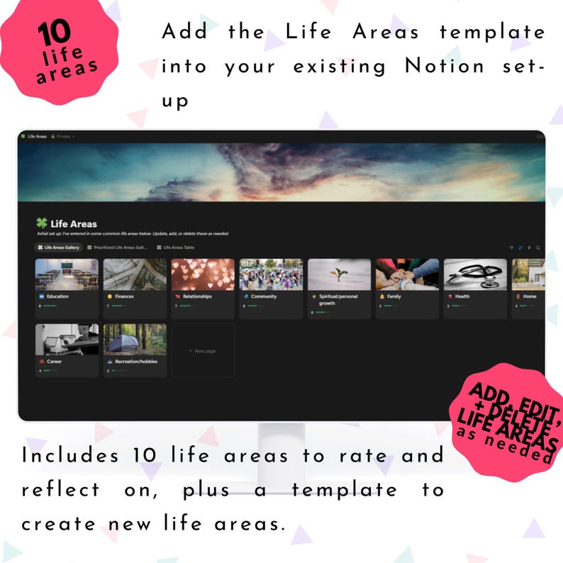 May include: A digital Notion template with 10 life areas for reflection and rating. The template includes sections for education, finances, relationships, and more. Text on the image reads "Add the Life Areas template into your existing Notion set-up."