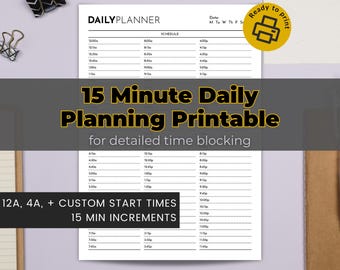 15 Minute Daily Planning Printable for Detailed Time Blocking, US Letter Size (PDF)
