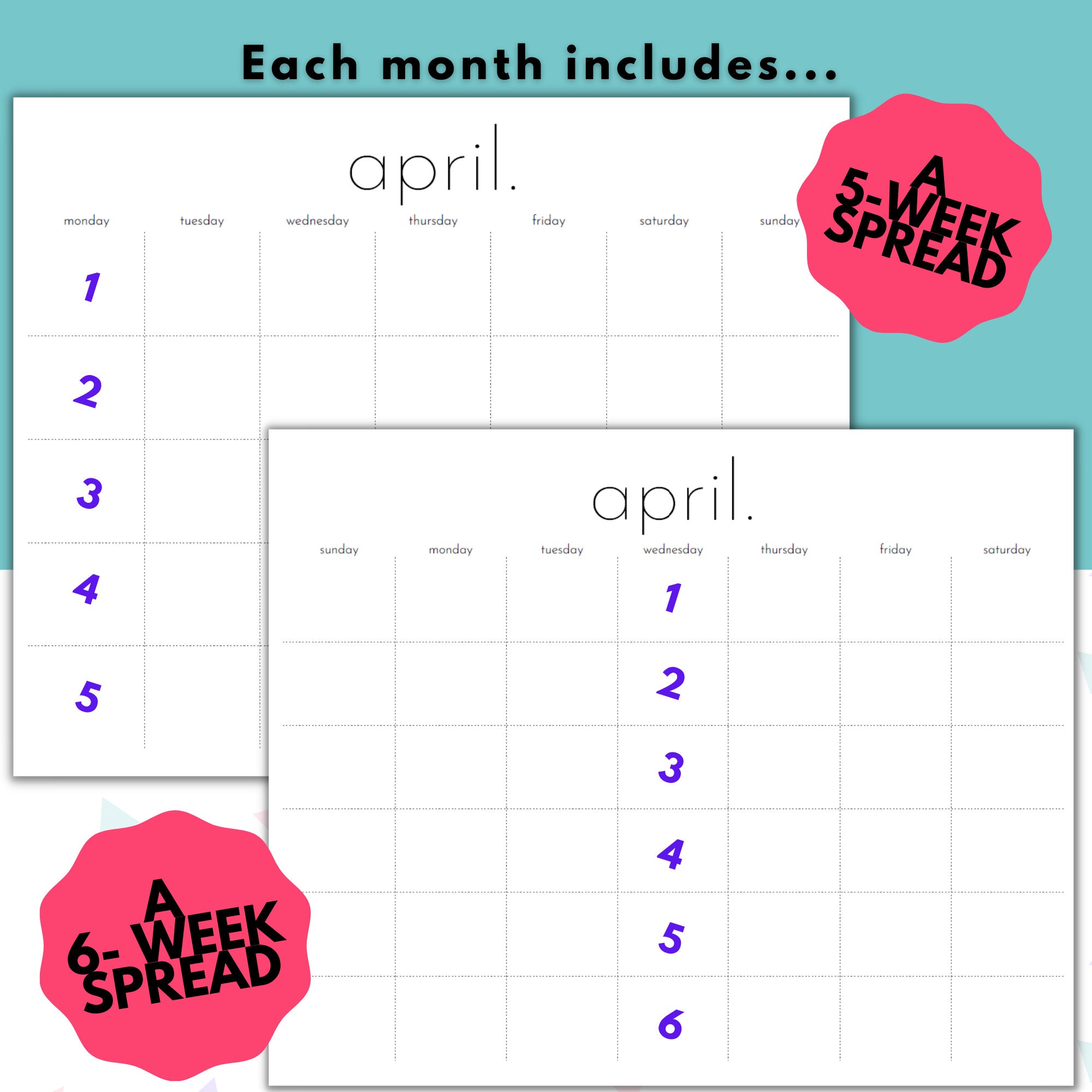 Printable fillable perpetual blank calendar simple undated monthly
