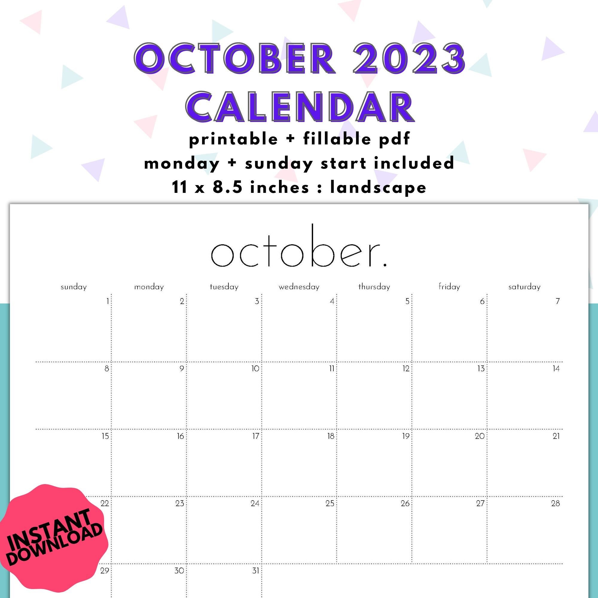 October 2023 Calendar W/ Sunday & Monday Start, Minimalist Simple October  2023 PDF Calendar, Printable/fillable Files Included, US Letter - Etsy