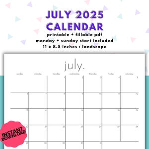 July 2025 Calendar with Sunday & Monday Start, Minimalist + Simple July 2025 PDF Calendar, Printable + Fillable Files Included, US Letter