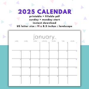 Calendario 2025, PDF imprimible y rellenable digitalmente, calendario mensual con inicio en domingo y lunes, calendario PDF rellenable simple, tamaño carta de EE. UU.