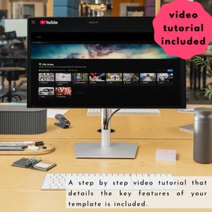 May include: A computer monitor showing a YouTube video with the text "Life Areas" and a pink speech bubble that says "video tutorial included." A step-by-step video tutorial details the key features of the template.