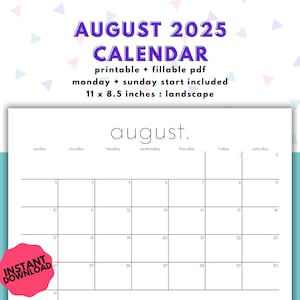 August 2025 Calendar with Sunday & Monday Start, Minimalist + Simple August 2025 PDF Calendar, Printable/Fillable Files Included, US Letter