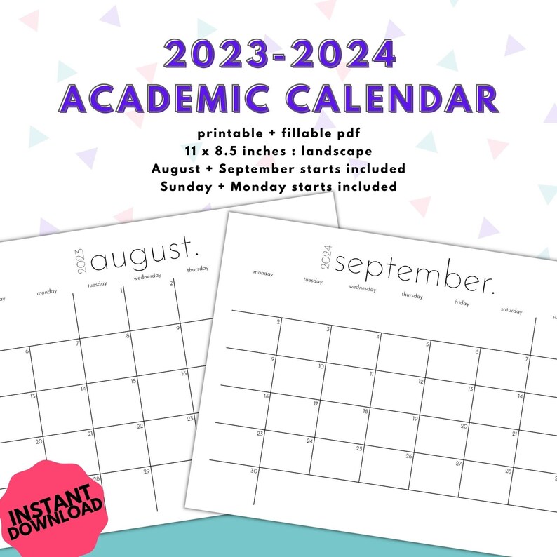 20232024 Printable Fillable Academic Calendar With August Etsy