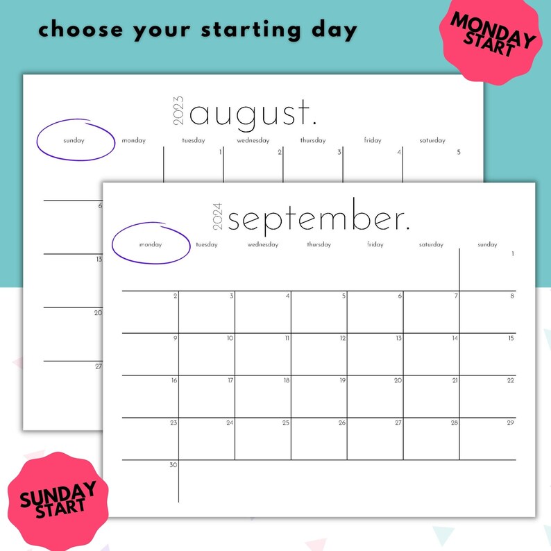 2023-2024 Printable Fillable Academic Calendar With August or September Start, Monthly Teacher ...