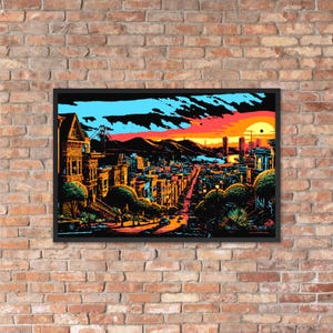 San Francisco neonstadslandskapsaffisch: Solnedgång ASCII-konst (36x24 inramad)