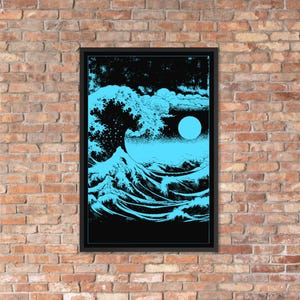 Inramad poster med neonblå havsvågor: Digital ASCII-konst (36x24)