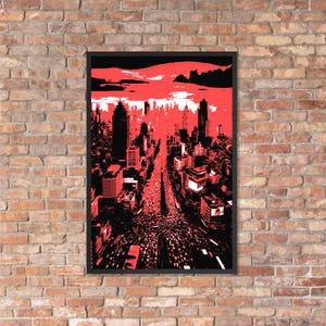 以下が含まれることがあります： 赤と黒の都市景観を描いた額入りアートプリント。このアートワークは、高い建物と曇り空のある街の通りの遠近法を示しています。プリントは黒いフレームに収められています。