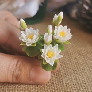 Miniature Water Lily Flower Bunch of Flowers,Miniature White Color Lotus Flower,Handmade Clay Flower Bouquet,Dollhouse flower Arrangement