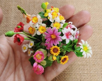 11 Miniature Dollhouse Bunch of Flowers, Miniature Colorful Bouquet Flower, Dollhouse Flower Arrangement, Handmade Clay Flower Bouquets