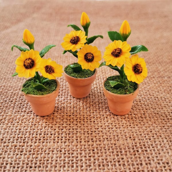 3 Miniatur Sonnenblume,Mini Blumentöpfe,Miniatur Blume für Puppenhaus,Ton Blumentöpfe