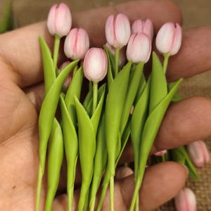 Handmade Clay Mini White tulips with Cherry Pink edges Flower Bouquet