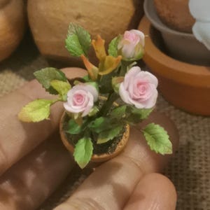 Miniature Dollhouse Light Pink Rose Flower Pot: Handmade Clay