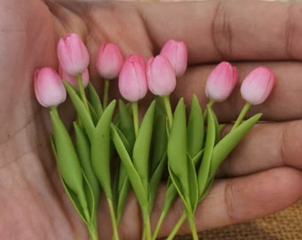 Mini Tulip Bunch of Flowers, Mini Pink Flower,Mini Flower Vase Arrangement,Handmade Clay Flower Bouquets