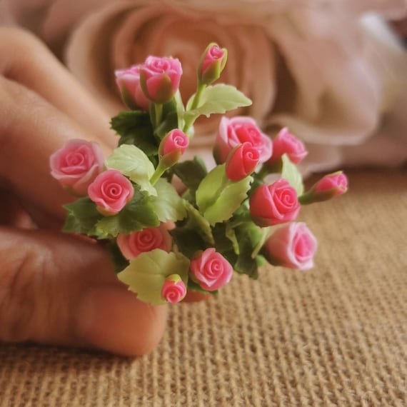 Pink Roses Flower Miniature Clay Plant Dollhouse Potted Garden Decor 