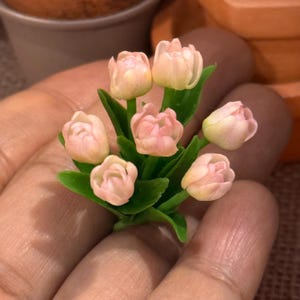Puede incluir: Un pequeño ramo de tulipanes rosas y crema con hojas verdes. Las pequeñas flores están agrupadas, creando un delicado arreglo floral. Los tulipanes están en plena floración, mostrando sus suaves pétalos en capas.